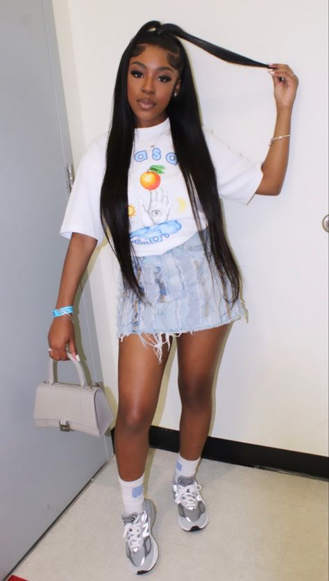 Grad Bash Fits, Designer Outfit Ideas Black Women, Offwhite Outfits For Black Women, Craft 5s Outfit, Jean Skirt And Graphic Tee Outfit, Designer Outfit Black Women, Cute Vacation Outfits Baddie, Cute Outfits For New York, Casa Blanca Outfit