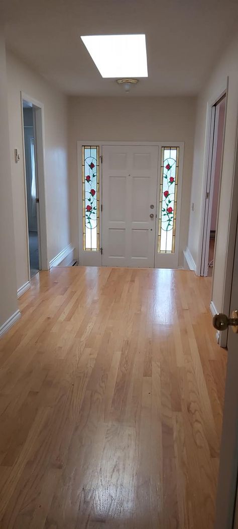 This is the before photo of our 25 year old oak floors which have turned an orangey color over the years. We recently bought our new to us 'retirement' sized home and we needed to renovate the floors within a two week period. Come visit and see what the floors look like before (left) and after the refinishing, sanding, staining and sealing. Don't forget to follow for updates :) #renovation #home #house #downsizing #retirement #refinishing #oak #floors #hardwood Old Oak Floors Refinished, Oak Floor Stains Before And After, Refinished Oak Floors Before And After, Before And After Hardwood Floor Refinish, Refinishing Hardwood Floors Before After, Refinish Hardwood Floors Before After, Refinished Wood Floors Before And After, Refinish Engineered Wood Floors, Refinishing Engineered Hardwood Floors