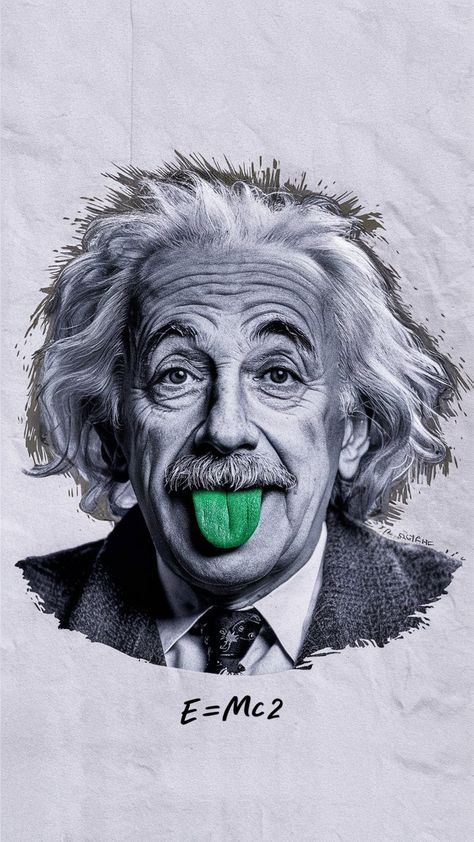 A classic black and white portrait of Albert Einstein, the renowned physicist, with a quirky twist - he is pulling his bright green tongue out playfully. His iconic white hair and bushy eyebrows are evident, along with his intense gaze. The background is a plain white, focusing all attention on the subject. The image combines intellectual seriousness with a touch of lightheartedness. "E=MC2" is written at the bottom of the image in scribble, poster Albert Einstein Portrait, Einstein Portrait, Spider Man 2 Ps5, Bushy Eyebrows, Black And White Portrait, White Portrait, Game Prices, E Mc2, Spider Man 2