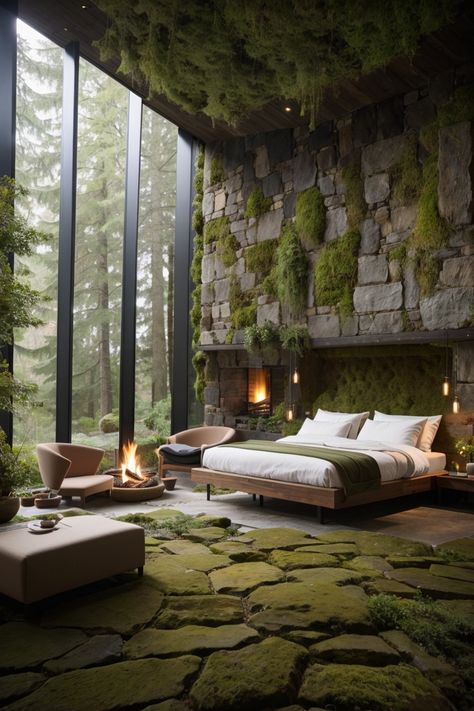 Forest Bedroom Aesthetic Bohemian, Natural Light Room Aesthetic, Jungle House Bedroom, Dark Forest Interior Design, Wild Interior Design, Nature Themed House Interior Design, Forest Inspired Interior Design, Nature Interior Design Concept, Forest Vibe Bedroom