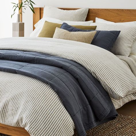 European Flax Linen Classic Stripe Duvet Cover & Shams | west elm Canada Blue Stripe Bedding, Striped Bedding Ideas, Perth House, Charleston House, Stripe Bedding, Box Stitch, Colorful Apartment, Apartment Stuff, Bedding Inspiration