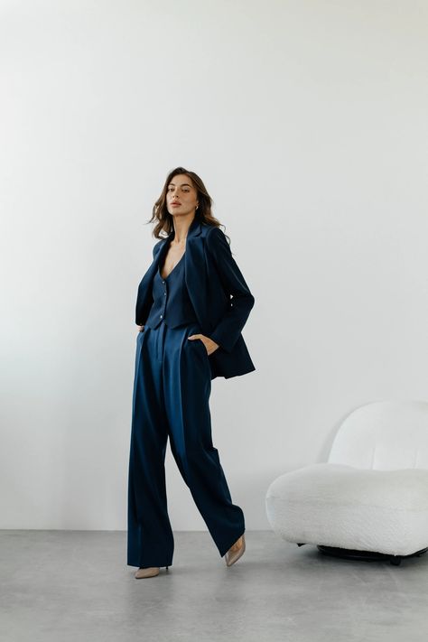 Stunning Classic Dark Blue Pantsuit. Blue Formal Three Piece Women's Suit. 3-piece Set Jacket Vest and Palazzo Trousers.office Matching Set. - Etsy Dark Blue Women Suit, Womens Three Piece Suit, Masc Bride Outfit, Dark Blue Suit For Women, Wedding Guest Suit Women, Trouser Suits For Women, Blue Coat Pant, Three Piece Suit Women's, 3 Piece Suit Women