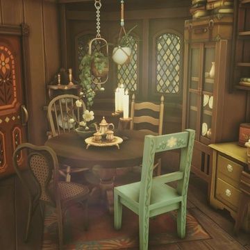 Sims 4 Cc Cottagecore Windows, Sims 4 Witch House Interior, Cottage Core House Bloxburg, Cottage Core Dining Room, Bloxburg Cottagecore, Sims 4 Dining Room, Witch Cottage Interior, Cottagecore Furniture, Fantasy Builds