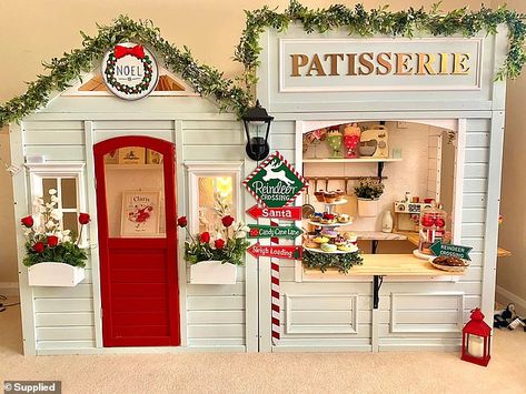 Creative mother hacks the $179 Kmart cubby house into a French-inspired patisserie Kmart Cubby House, Kmart Cubby, Christmas Kids Room, Wooden Cubby, Creative Kids Rooms, Cubby House, Holiday Crafts Christmas, Kid Toys, Exterior Decor