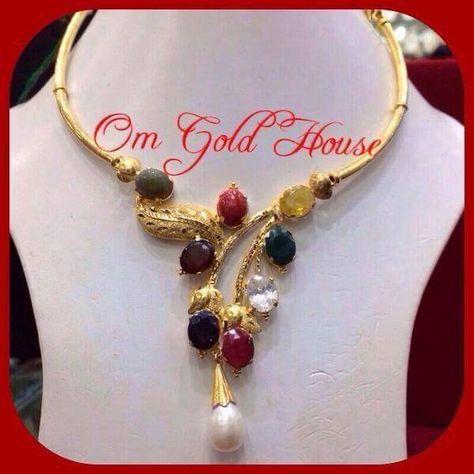 Navaratna Necklace Gold, Navaratna Bangles, Navarathna Necklace, Navaratan Jewellery, Indian Gold Necklace Designs, Gold Pearl Jewelry, Antique Necklaces Design, Diamond Pendants Designs, Gold Earrings Wedding