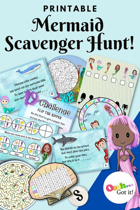 Are you ready for an under the sea adventure with this Mermaid Treasure Hunt kit, along the way the kids must find the clues, crack coded messages and solve puzzles? 
Print & play today! Mermaid Scavenger Hunt, Mermaid Treasure Hunt, Kids Scavenger Hunt, Family Games Night, Mermaid Treasure, Mermaid Pool Parties, Girls Party Games, Girls Slumber Party, Escape Room For Kids