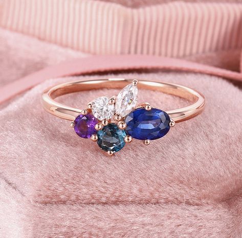 Custom Gemstone Cluster Engagement Ring Custom Heirloom Ring - Etsy Canada Family Gemstone Rings, Pearl And Gemstone Ring, Multi Stone Ring Designs, Amethyst Cluster Ring, 3 Stone Mothers Ring Ideas, Mothers Ring Ideas 4 Stones, Birthstone Cluster Ring, Three Gemstone Ring, Cluster Gemstone Rings