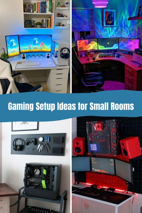 53 Small Gaming Room Ideas + Inspiration - PinkPopDesign 2023 Bathroom Decor, Small Gaming Bedroom, Small Gaming Room, Gaming Room Setup Bedrooms, Small Game Room Ideas, Small Gaming Room Ideas, Bedroom Gaming Setup, Bedroom Organization Tips, Gaming Setup Bedroom