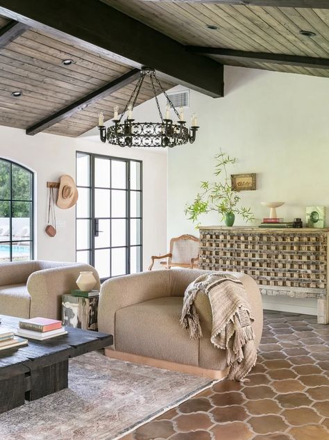 Palm Spring Spanish Revival Mediterranean Decor Living Room Modern Spanish Revival Interior Design, Modern Spanish Revival Interior Design, Spanish Modern Living Room, Spanish Revival Living Room, Spanish Revival Interior, Modern Spanish Revival, Spanish Revival Home, Spanish Modern, Tropical Interior