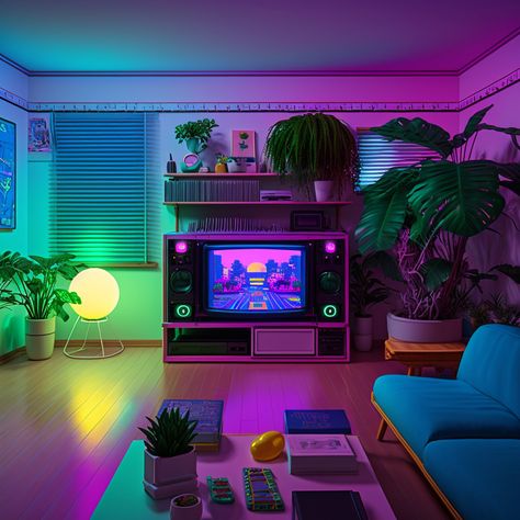 Lofi Aesthetic Living Room, Totally Spies Room Aesthetic, Vaporwave Apartment, Retro Bedroom Aesthetic 80, Vapor Wave Room, Vaporwave Decor, Synthwave Bedroom, Vaporwave House Decor, 80s Vaporwave Room