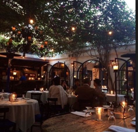 romantic dining with lights strung above, enclosed feeling, arches, faux candles Outdoor Restaurants, Southern California Style, California Restaurants, Mission Inn, Romantic Restaurant, California Living, Backyard Inspiration, Romantic Vacations, Outdoor Restaurant