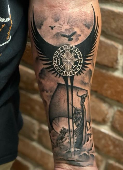 Viking Vegvisir Wings Idea Viking Gods Tattoo Sleeve, Viking Odin Tattoo, Beserkers Vikings Tattoo, Nordic Spine Tattoo, Viking Hammer Tattoo, Viking Leg Sleeve Tattoo, Nordic Viking Tattoo Design, Viking Forearm Tattoo Men, Valkyrie Tattoo Men