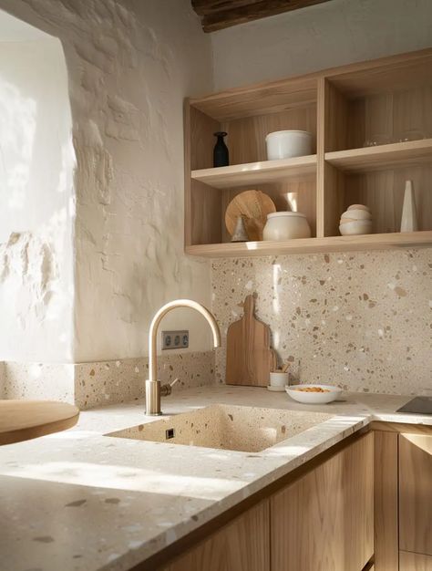 50 Shades of Beige - ¡Colour Your Casa! Terrazzo Kitchen Backsplash, Beige Countertops Kitchen, Terrazzo Kitchen Countertops, Interior Design Magazine Cover, Kitchen Terrazzo, Beige Interiors, Terrazzo Countertop, Terrazzo Kitchen, Kitchen Beige