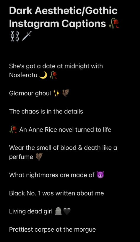 Dark aesthetic/gothic captions Pt1 Aesthetic Ig Username Ideas Dark, Captions For Dark Aesthetic Pictures, Punk Instagram Captions, Captions For Dark Pictures, Egirl Captions For Instagram, Captions About Darkness, Scary Instagram Captions, Alt Bios For Instagram, Demon Captions For Instagram