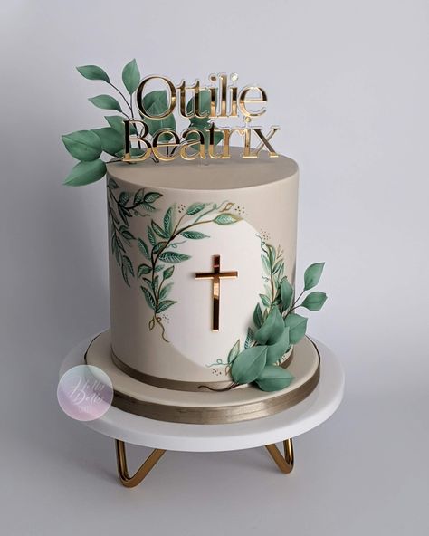 Nude Baptism Christening cake with handpainted foliage Green Confirmation Cake, Confirmation Cakes Catholic Boy, Boys Confirmation Cake, Cake For Baptism Boy, Green Baptism Cake, Cake Baptism Boy, Baptism Cakes For Boys, Confirmation Cakes For Boys, Confirmation Cakes Catholic