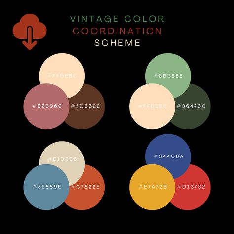 Introducing a handpicked set of 52 tri-color vintage coordination schemes, meticulously crafted for creative professionals across various industries.  1.T-shirt Designers: Infuse a touch of vintage style into apparel designs, giving them a unique edge in the market. 2.Interior Decorators: These palettes offer a distinctive visual appeal, assisting in crafting cozy and vintage-inspired interiors for clients. 3.Craftsmen: Choose the perfect color combinations for handicrafts, enhancing their artistic value and market appeal. 4.Artists: Provide a rich array of color choices for artworks, adding depth and visual allure. 5.DIY Enthusiasts: Offer a myriad of color combinations to help complete a variety of DIY projects with a vintage twist. 6.Event or Wedding Planners: Opt for the right color th Tri Color Combination, Classic Color Combinations, Tri Color Palette, Odd Color Combinations, Vintage Color Combinations, Event Color Palette, Old Color Palette, Bold Color Combinations, Fun Color Palette Colour Combinations