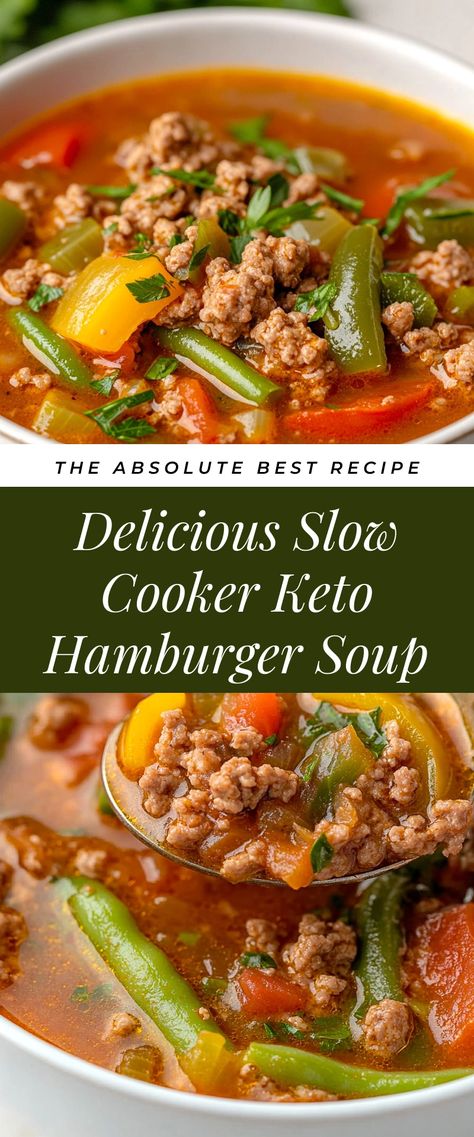 Image for Delicious Slow Cooker Keto Hamburger Soup Soup Recipes Keto Crock Pot, Keto Slow Cooker Soups, Low Carb Hamburger Soup Recipes, Keto Cheeseburger Soup Crock Pot, Keto Crockpot Hamburger Recipes, Low Carb Hamburger Crockpot Recipes, Keto The Bomb Soup, Keto Hamburger Soup Crock Pot, Slow Cooker Keto Meals