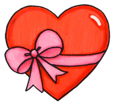 Heart with a Bow Ribbon Cute Valentines Doodles, Hearts With Ribbons Tattoo, How To Draw Bows Ribbons, Valentines Day Drawings Easy, Heart With Ribbon Drawing, Bow Drawing Ribbon, Coquette Ribbon Drawing, Easy Heart Drawings, Love Heart Drawing