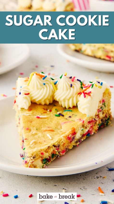 This easy-to-make Sugar Cookie Cake is packed with white chocolate chips and colorful sprinkles. Top it with creamy frosting and extra sprinkles for a show-stopping dessert everyone will love. Cookie Cake Icing Recipe, Cookie Cake Icing, Sugar Cookie Cake Recipe, Sugar Cookie Cake, Chocolate Cobbler, Creamy Frosting, Sugar Cookie Cakes, Cake Form, Chocolate Chip Cookie Cake