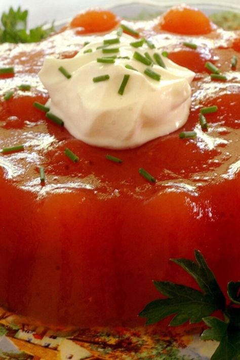 Barefoot Contessa Tomato Aspic Tomato Aspic Salad, Savory Jello Mold Recipes, Tomato Aspic With Lemon Jello, Tomato Aspic Recipes, Tomato Mousse, Aspic Recipes, Tomato Aspic Recipe, Tomato Aspic, Croatian Christmas