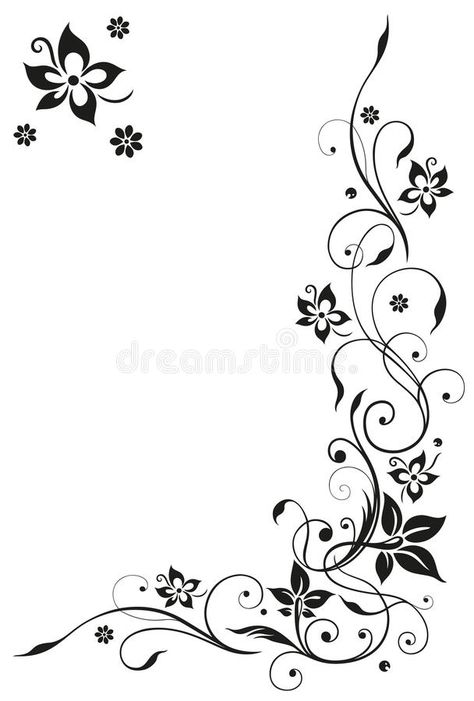 Flowers, abstract, frame vector illustration Corner Flower Design, Botany Drawings, Colorful Borders Design, Black Illustration, Flowers Abstract, Tooling Patterns, Art Nouveau Flowers, Page Borders Design, Frame Border Design