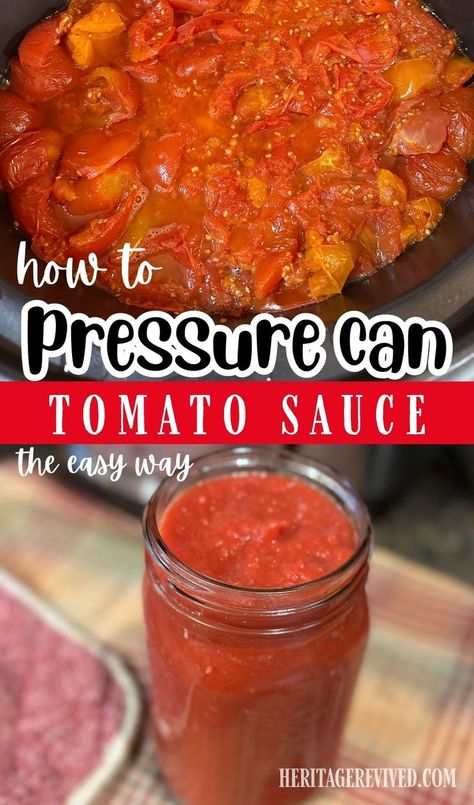 Image of finished tomato sauce and image of tomatoes cooking in slow cooker with text "how to pressure can tomato sauce the easy way" Canning Marinara Sauce, Canning Tomato Sauce, Canned Tomato Recipes, How To Make Tomato Sauce, Canning Pressure Cooker, Preserving Tomatoes, Can Tomato Sauce, Pressure Canning Recipes, Easy Tomato Sauce