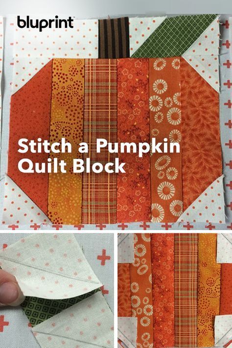 Stitch a Pumpkin Quilt Block for Fall! Bring our your scrappy stash and make a pumpkin quilt block using strips! This autumn stitching project comes together in a snap + pairs perfect with a warm mug of apple cider. #mybluprint #cozyquilt #quiltinspiration #quiltpatterns #quilttutorials #pumpkinquilt #fallquilt #autumnquilt #quiltdesigns #festivequilt Quilt Blocks Patterns, Paper Piecing Patterns Free Printables, Sewing Machine Quilt Block, Quilt Block Patterns Easy, Pumpkin Quilt Block, Paper Piecing Patterns Free, Pumpkin Quilt Pattern, Pumpkin Quilt, Wonky Star