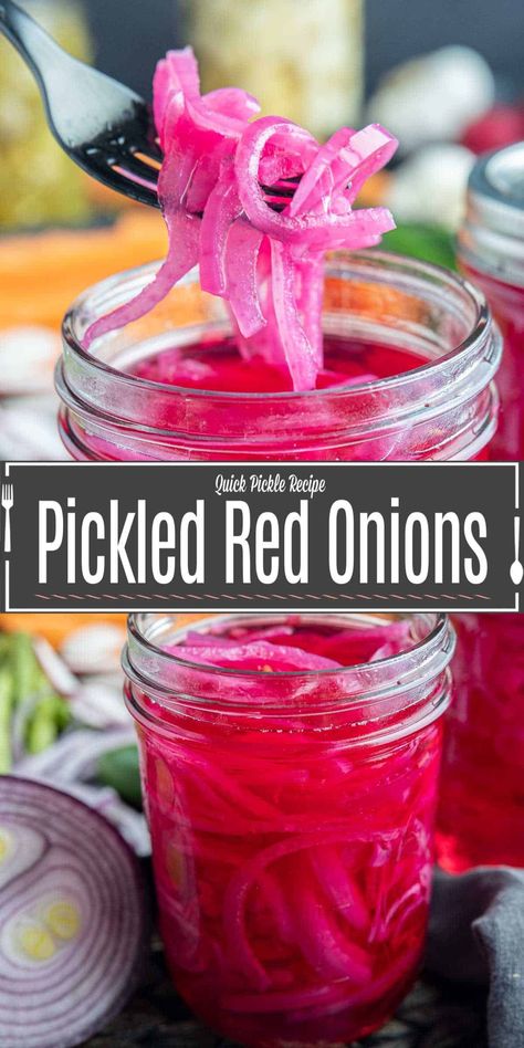 This easy quick pickled red onion recipe is a delicious way to add a little extra flavor to any dish with just 5 simple ingredients. These easy pickled red onions are a great addition to tacos, sandwiches, burgers....just about anything! The vinegar and sugar gives them a tangy flavor that you're going to love. Learn how to quick pickle vegetables with almost no effort and have pickled onions in your refrigerator any time you want them! Pickled Red Onion Recipe, Quick Pickle Recipe, Pickled Red Onion, Pickled Cauliflower, Red Onion Recipes, Quick Pickled Red Onions, Pickled Onion, Quick Pickled Onions, Preserving Foods