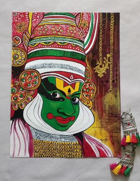 Kala Utsav Painting, Kathakali Canvas Painting, Kathakali Painting On Canvas, Kathakali Face Painting, Kerala Tattoo, Kathakali Painting, Kathakali Face, Mandala Book, Disney Canvas Art