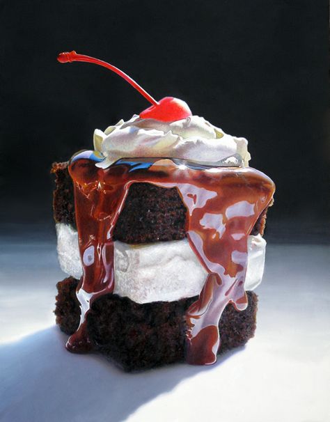 Pantagruelian and Decadent; Mary Ellen Johnson's paintings of BIG Food Watercolor Doodle, Hyper Realistic Paintings, Food Groups, Food Painting, Chocolate Caliente, Creamy Chocolate, Hot Fudge, Realistic Paintings, Food Illustration