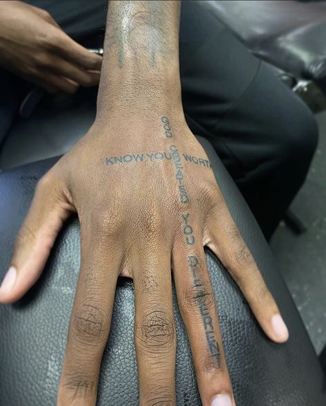 Obj Hand Tattoo, God Created You Different Tattoo, Men Hand Tattoos Ideas, Hand Cross Tattoo, Jr Tattoo, Bktherula Aesthetic, Neck Tats, Black People Tattoos, Herren Hand Tattoos