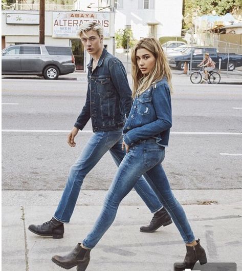 Lucky Blue Smith, Lucky Blue, All Jeans, Fall Denim, Couple Photoshoot Poses, Couple Photography Poses, Hailey Baldwin, Fashion Couple, Couple Outfits