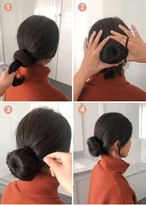 how to use a hair donut to create a sleek low bun // low bun tutorial by Extra Petite fashion blog Tutorial Chignon, How To Bun, Low Bun Tutorials, Donut Bun Hairstyles, Donut Bun, Hair Donut, Low Bun Hairstyles, Short Hair Bun, Easy Bun