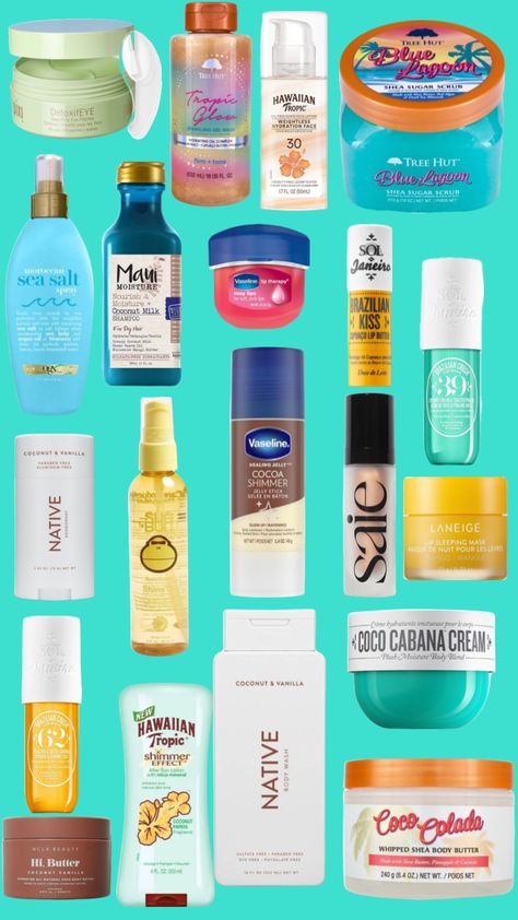 Summer self care products #summer #summerselfcare #summer2023 #selfcare #beauty #skincare #summerproducts #summerbeauty #beach #beachy #beachgirl Coconut Girl Skincare Products, Beachy Hair Products, Summer Hygiene Products, Beachy Makeup Products, Coconut Hygiene Products, Summer Products Aesthetic, Summer Wishlist Products, Coconut Girl Products, How To Smell Tropical