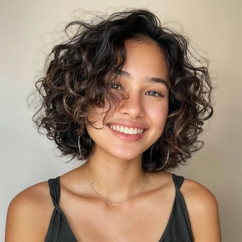 Curly Pixie Haircut Round Face, Rounded Curly Bob, Short Layer Curly Haircut, Curly Short Hair For Round Face, Short Curly Hair On Round Faces, Rounded Layers Wavy Hair, Round Wavy Haircut, Short Curly Haircut Women, Curly Layered Short Hair