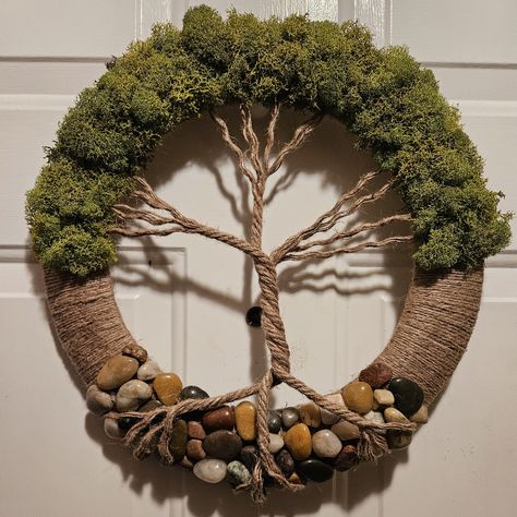 A Beautiful Handcrafted Tree Of Life Wreath, 14" Styrafoam Wreath, Christmas Moon Wreath, Styrofoam Wreath Ideas, Homemade Door Wreaths, Tree Of Life Wreath, Flower Reef, Moon Wreaths, Year Round Wreaths, Twine Wreath