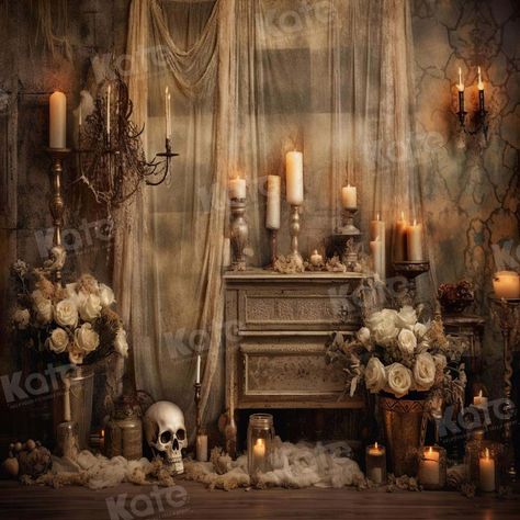 Kate Halloween Retro Spooky Backdrop Designed by Emetselch Spooky Backdrop, Halloween Picnic, Candle Backdrop, Victorian Halloween, Brick Backdrops, Halloween Photo Booth, Garden Backdrops, Halloween Backdrop, Halloween Retro