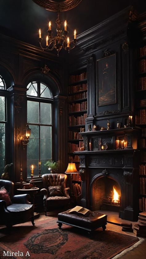 Witchy Sitting Room, Dark Academia Mantle, Dark Academia Fireplace, Dark Academia Living Room Fireplace, Reading Corner Dark Academia, Mansion Dark Academia, Victorian Library Gothic Dark, Library Rooms, Dreamscape Architecture