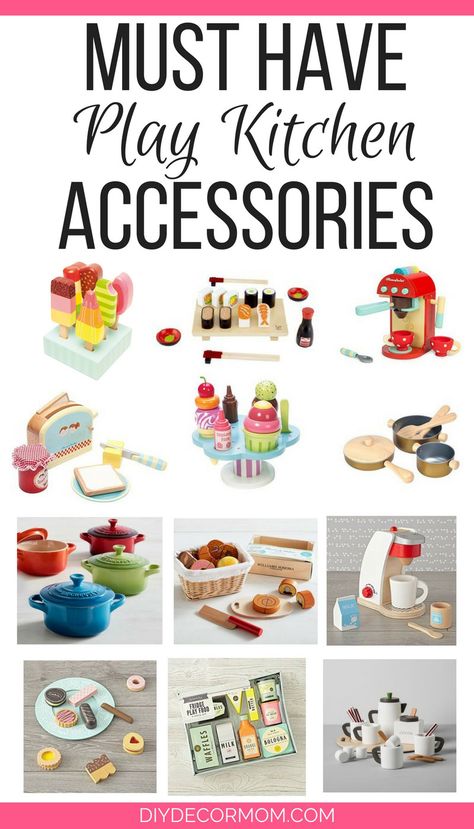 The CUTEST wooden play food perfect for play kitchens! Love these wooden play kitchen accessories! #playkitchens #preschooler #preschooltoys #kidkitchen #toykitchen #potterybarnkids #toddlertoys #besttoys #woodentoys Kids Play Kitchen Accessories, Childrens Play Kitchen, Play Kitchen Ideas, Kids Toys Diy, Diy Kids Kitchen, Kids Kitchen Accessories, Ikea Play, Play Kitchen Food, Ikea Play Kitchen