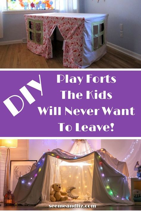 DIY Indoor Play Forts For Kids! Watch your kids imagination soar with these! Click to see how to make 7 forts #diytoys #kidsactivities Diy Kids Tent Indoor, Kids Forts Inside, Diy Fort Indoor, Baby Shower Games For Kids, Forts For Kids, Bedroom Fort, Indoor Tent For Kids, Cardboard Forts, Diy Kids Tent