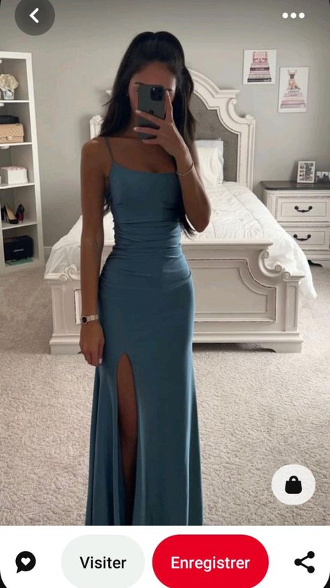 Slim Formal Dresses, Dresses For Grade 8 Graduation, Culmination Dresses, Blue Satin Gown, Houseparty Outfits, 8th Grade Graduation Dresses, Grade 8 Grad Dresses, 8th Grade Prom Dresses, Prom Dress Inspo