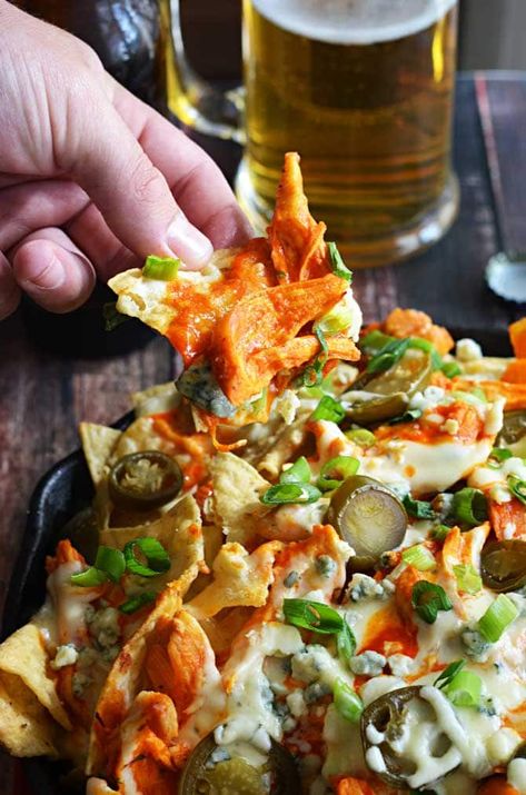 Loaded Buffalo Chicken Nachos - Host The Toast Buffalo Chicken Nachos Recipe, Best Nacho Recipe, Buffalo Chicken Nachos, Blue Cheese Crumbles, Shredded Buffalo Chicken, Chicken Nachos Recipe, Pickled Jalapenos, Cheesy Ranch, Spicy Buffalo Chicken