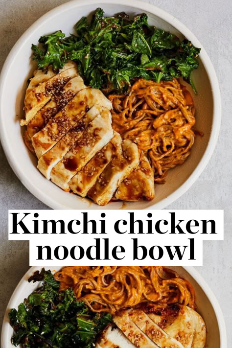 These noodles are by no means authentic, but there’s something about spicy, sour kimchi that works really well with cheese. Here it’s blended with cream cheese to make a smooth sauce for noodles and served with grilled chicken, sesame seeds and a drizzle of soy sauce. Korean Recipes Kimchi, Recipes With Kimchi Healthy, What To Eat Kimchi With, Kimchi Dinner Ideas, Kimchi Meatballs, Kimchi Meals, Recipes With Kimchi, Quick Chicken Noodle Soup, Kimchi Sauce