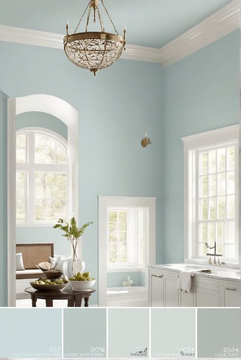 Palladian Blue, Benjamin Moore, serene spaces, interior design Turquoise Mist Benjamin Moore, White Heaven Benjamin Moore, Coastal Blue Bedroom Paint, Benjamin Moore Tranquil Blue, Aqua Home Decor, Bm Summer Shower Paint, Seafoam Benjamin Moore, Benjamin Moore Polar Sky, Pale Aqua Paint Colors