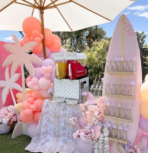 KIDS CO PARTY AND EVENT STYLIST PERTH on Instagram: "Sweet, Sassy and Seven 💅🏼🌸 how hip is this super cute drink station though 💁🏼‍♀️💕🏝 . Styling, concept and props @kidsco__ Florals @kidsco__ Cookies @sugarmummacookies.co Cake and desserts @sillysugarbysuji Waterslide Castle @thewhitecastleco Entertainment @gseperth . #barbie #barbiebeachparty #sweetsassyandseven #girlsbirthday #seventhbirthday #kidsco #kidsparties #kidspartiesperth #kidsbirthday #kidsbirthdayparty #kidspartyideas #kidsp Barbie Drink Station, Mermaid Graduation Party, Tropical Barbie Party, Barbie Event Decor, Preppy Pool Party Ideas, Barbie Themed Pool Party, Waterslide Birthday Party Ideas, Resort Birthday Party, Barbie Beach Birthday Party