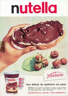 Yumn- I LOVE NUTELLA!!! Nuts, chocolate, bread= so why should we not love it? Iklan Vintage, Stare Reklamy, Vintage Food Posters, Cakes Pastries, Italian Posters, Chocolate Spread, Old Advertisements, Retro Advertising, Food Ads