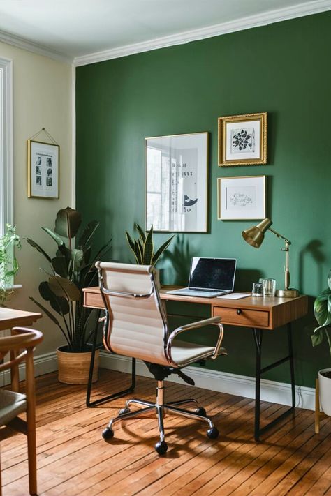 16 Dark Green Home Office Ideas 2024 – The Crafty Hacks Dark Green Studio Apartment, Dark Green Home Office, Green Home Office Ideas, Green Workspace, Green Office Walls, Green Window Treatments, Dark Green Home, Green Office Decor, Green Home Office