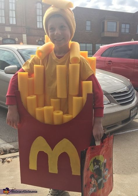 Amanda: My son Landen wanted to be French fries for Halloween. So I took a card board box and painted it red with a yellow M on it. We then used... French Fry Halloween Costume, Family Food Costumes, Mcdonalds Halloween Costumes, Food Costumes Diy, Mcdonalds Costume, Halloween Food Costumes, French Fries Costume, Hot Sauce Costume, Fries Costume