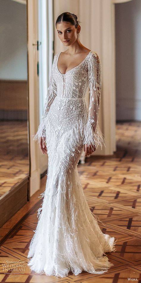 Feather Mermaid Wedding Dress, Long Sleeve Wedding Dress Beaded, Spring 2025 Wedding Dress, Beaded Fitted Wedding Dress, 2025 Bridal Gowns, Off The Shoulder Fitted Wedding Dress, Wedding Dresses 2025, Bride Long Sleeve Dress, Wona Concept Wedding Dress