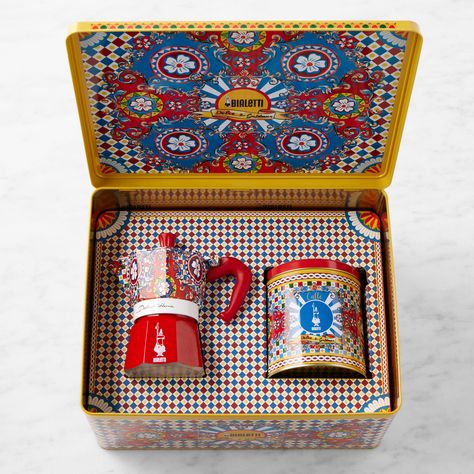 Bialetti Moka Dolce & Gabbana 3-Cup + 1 Irresistible Coffee Tin Gift Set Italian Espresso Cups, Italian Icons, Italian Shop, Bialetti Moka, Italian Gifts, Coffee Stirrers, Clean Pots, Coffee Tin, Coffee Carts